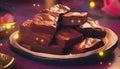 Indulgent chocolate brownie slice on wooden table for birthday celebration generated by AI