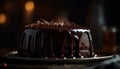 Indulgent chocolate cake slice, creamy icing melting generated by AI
