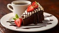 Indulgent Chocolate Delight: A slice of rich chocolate cake with a drizzle of hot chocolate sauce