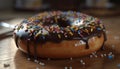 Indulgent chocolate donut with sweet icing on a pink plate generated by AI Royalty Free Stock Photo