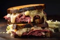 Indulgent close-up of a Reuben sandwich oozing with melted Swiss cheese and Russian dressing on toasted rye bread