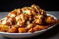 indulgent close-up shot of poutine made with crispy tater tots, savory gravy, and a generous serving of cheese curds