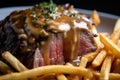 indulgent close-up of steak frites, with a perfectly cooked medium-rare steak on top of crispy fries