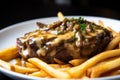 indulgent close-up of steak frites, with a perfectly cooked medium-rare steak on top of crispy fries