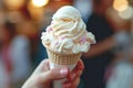 Indulgent delight Hand holds vanilla ice cream in a delicious dessert