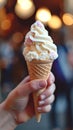 Indulgent delight Hand holds vanilla ice cream in a delicious dessert