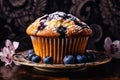 Indulgent Delights: Blueberry Muffins on a Plate, a Glossy Spher