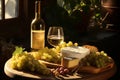 Indulgent Delights. Starter Selection, Cheese Plate, Grapes, and White Wine for Solo Pleasure Royalty Free Stock Photo