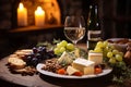 Indulgent Delights. Starter Selection, Cheese Plate, Grapes, and White Wine for Solo Pleasure Royalty Free Stock Photo