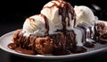 Indulgent dessert chocolate cake, vanilla ice cream, fudge sauce generated by AI Royalty Free Stock Photo