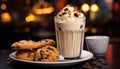 Indulgent dessert chocolate chip cookie, coffee, whipped cream, heavenly generated by AI