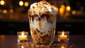 Indulgent dessert chocolate cream, caramel, whipped cream, melting candle generated by AI