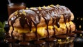 Indulgent dessert chocolate donut with creamy icing on plate generated by AI Royalty Free Stock Photo