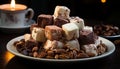 Indulgent dessert dark chocolate fudge, almond slice, homemade brownie generated by AI