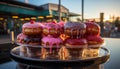 Indulgent dessert fresh donut with chocolate icing and strawberry generated by AI Royalty Free Stock Photo