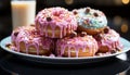 Indulgent dessert plate with fresh baked donut, chocolate icing, and strawberry generated by AI Royalty Free Stock Photo