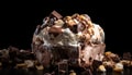 Indulgent dessert stack: broken brownie, fudge, ice cream generated by AI