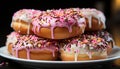 Indulgent dessert stack donut, chocolate, candy, strawberry, marshmallow generated by AI Royalty Free Stock Photo
