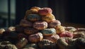 Indulgent dessert stack donuts, cookies, candy, and more generated by AI