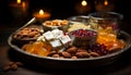 Indulgent dessert tray with gourmet sweets, fresh fruit, and almonds generated by AI Royalty Free Stock Photo