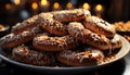 Indulgent donut with chocolate icing, a sweet temptation on plate generated by AI Royalty Free Stock Photo