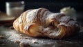 Indulgent French croissant and sweet bun on rustic wooden table generated by AI