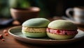 Indulgent French macaroon stack on rustic wood plate with coffee generated by AI