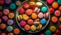 Indulgent French macaroons, a multi colored gourmet dessert stack generated by AI