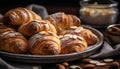 Indulgent French pastry basket with fresh croissants and chocolate brioche generated by AI
