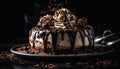 Indulgent gourmet chocolate cake with dark chocolate icing and whipped cream generated by AI