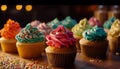 Indulgent gourmet dessert party with colorful cupcakes generated by AI