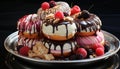 Indulgent gourmet dessert plate with fresh fruit and chocolate icing generated by AI Royalty Free Stock Photo