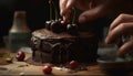 Indulgent homemade chocolate berry pie on fresh fruit plate generated by AI