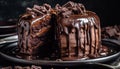 Indulgent homemade dark chocolate brownie slice on wood plate generated by AI