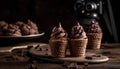 Indulgent homemade dark chocolate ice cream cone generated by AI