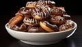 Indulgent homemade dessert dark chocolate donut on a plate generated by AI Royalty Free Stock Photo