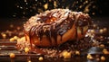 Indulgent homemade dessert: dark chocolate donut on rustic wooden plate generated by AI