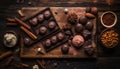 Indulgent homemade hazelnut chocolate truffles on rustic wooden table generated by AI