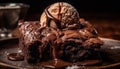 Indulgent homemade hazelnut fudge sauce on a dark chocolate brownie generated by AI