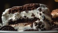 Indulgent homemade tiramisu slice with whipped cream and chocolate decoration generated by AI