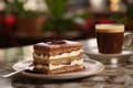 a tiramisu slice set against a blurred backdrop of a traditional Italian cafÃ© scene.