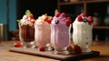 Indulgent milkshakes desserts sweet chocolate berry fruits background