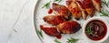 Indulgent roasted duck with crispy skin on minimalist white platter background. Concept Food Photography, Roasted Duck, Crispy