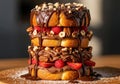 Indulgent stack of golden waffles dripping with chocolate hazelnut spread fresh berries and crunchy nuts a decadent dessert Royalty Free Stock Photo
