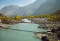 Indus river flowing through mountainous area in Pakistan