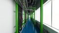Industiral white wall and green structure long corridor in daylight Royalty Free Stock Photo