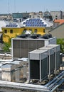 Industrial air conditioners on the top of an office building