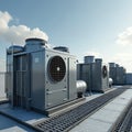 Industrial air conditioning compressors rooftop installation. Cooling ventilation tech. Clear sky background. HVAC system for Royalty Free Stock Photo