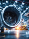 Industrial aircraft engine in a manufacturing facility with bright lighting and high-tech environment Royalty Free Stock Photo