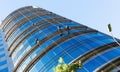 Industrial alpinists cleaning skyscraper